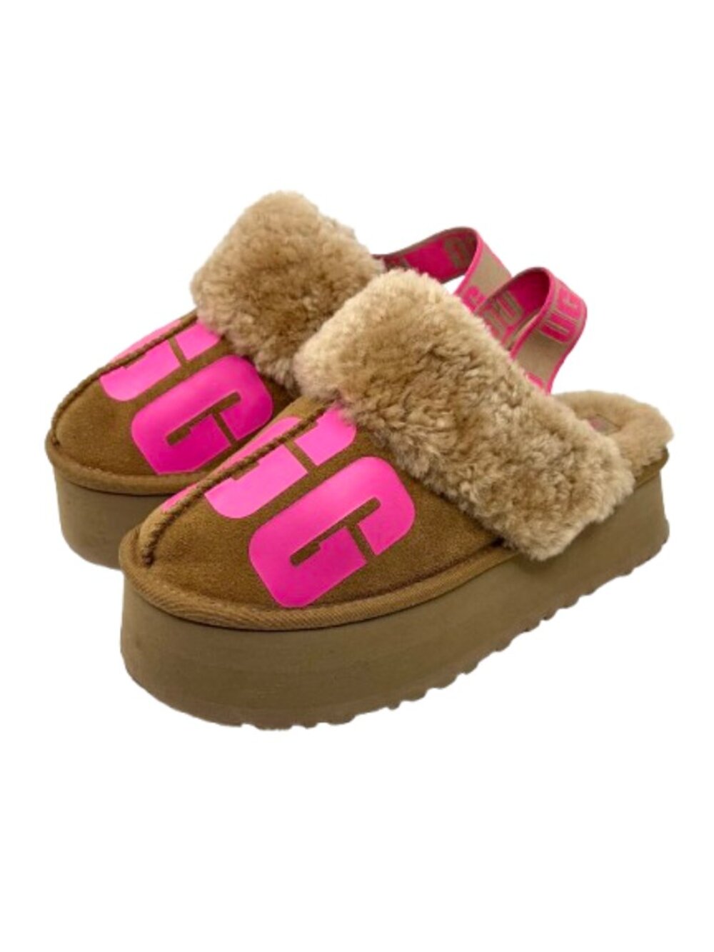 UGG Funkette Chopd Platform Slippers - Chestnut / Hot Pink Logo - Size 10